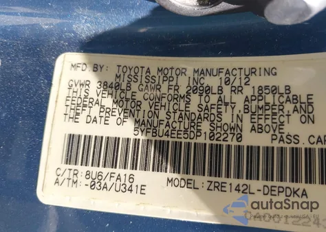 2013 Toyota Corolla L из США, поврежденный, VIN 5YFBU4EE5DP102270